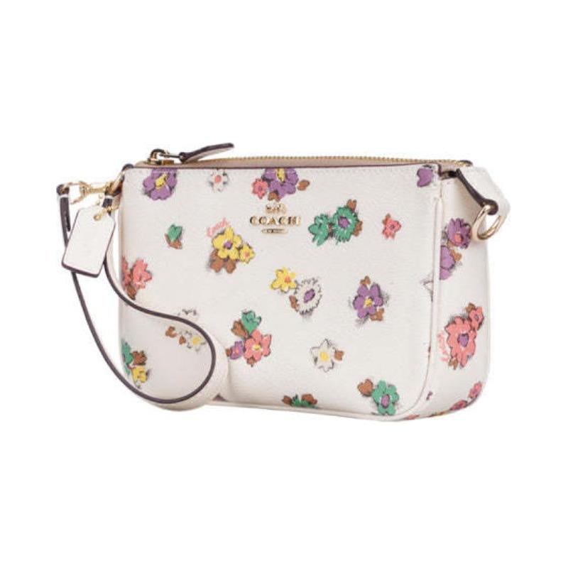 Coach Nolita 19 Zipper Closure Floral Print Artificial Leather Mahjong Bag Underarm Wrist Bag Clutch Small Size Women's White