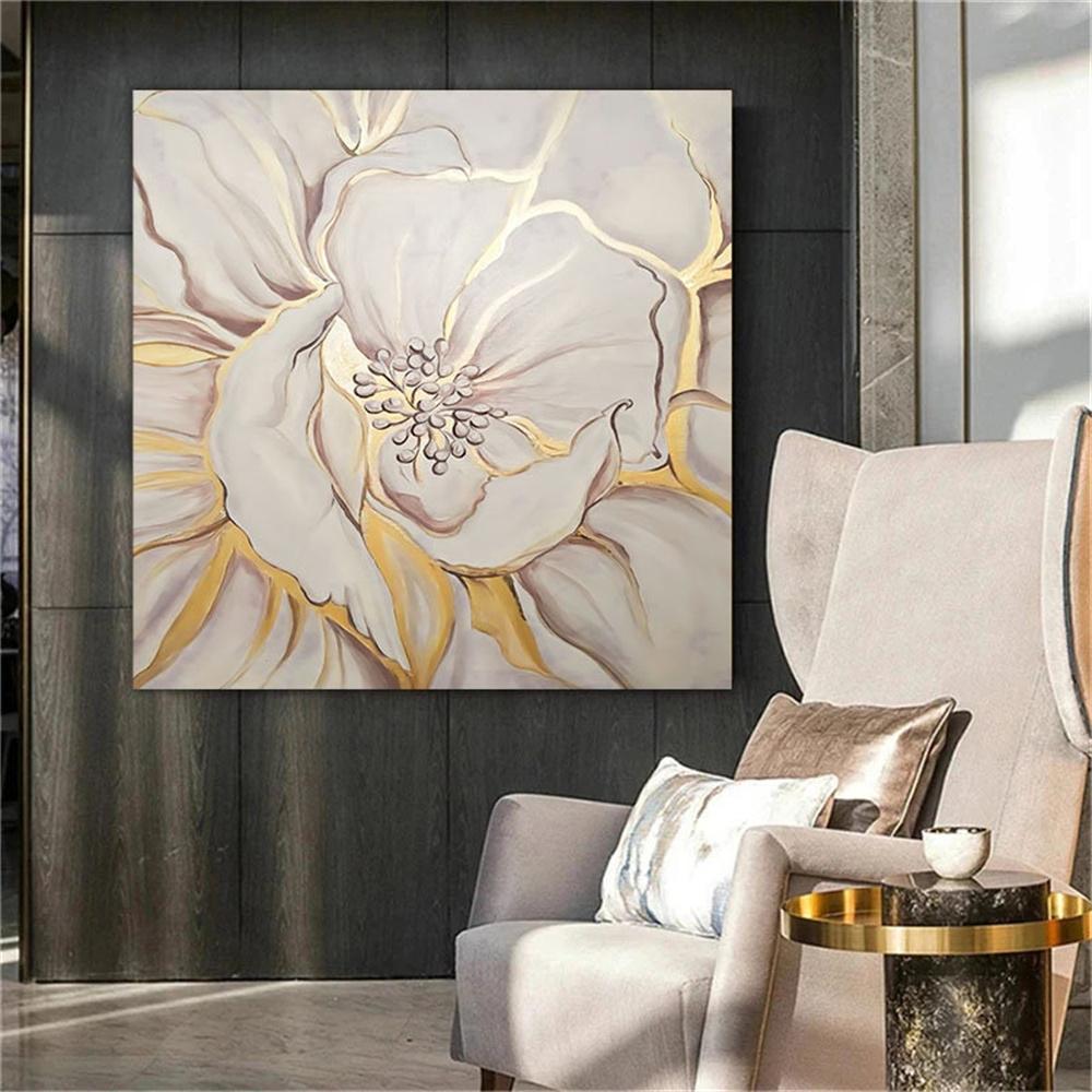 Gold Flower Poster Oil Painting Poster Golden Leaf Prints Colorful Floral Canvas Painting Romantic Textured Home Wall Decoration