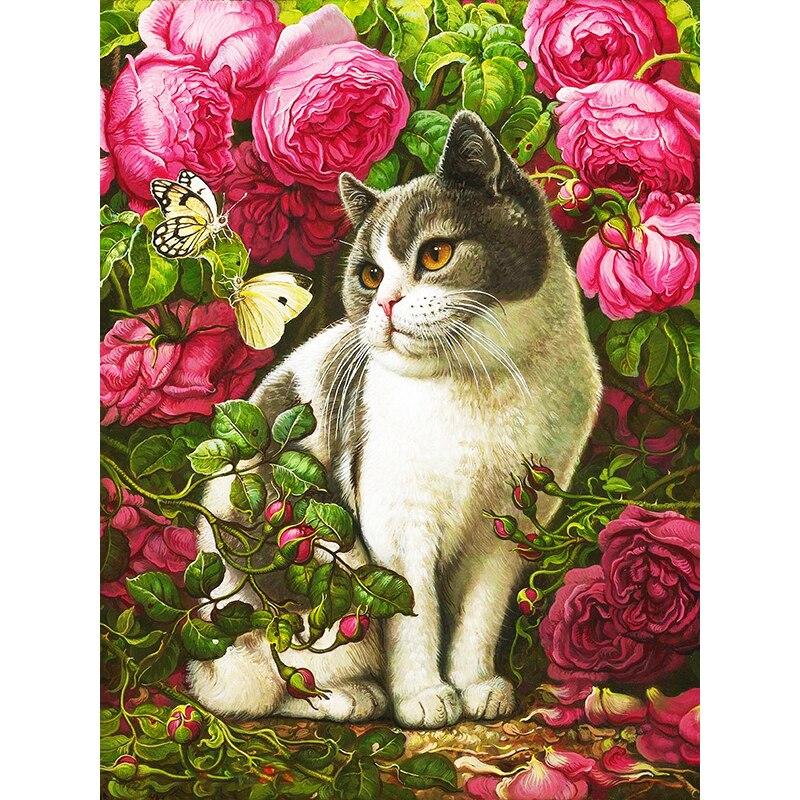 5D-Diamant-Malerei-Set zum Selbermachen, Katze in den Blumen, Diamant-Stickerei, Strass-Dekorationen für Zuhause