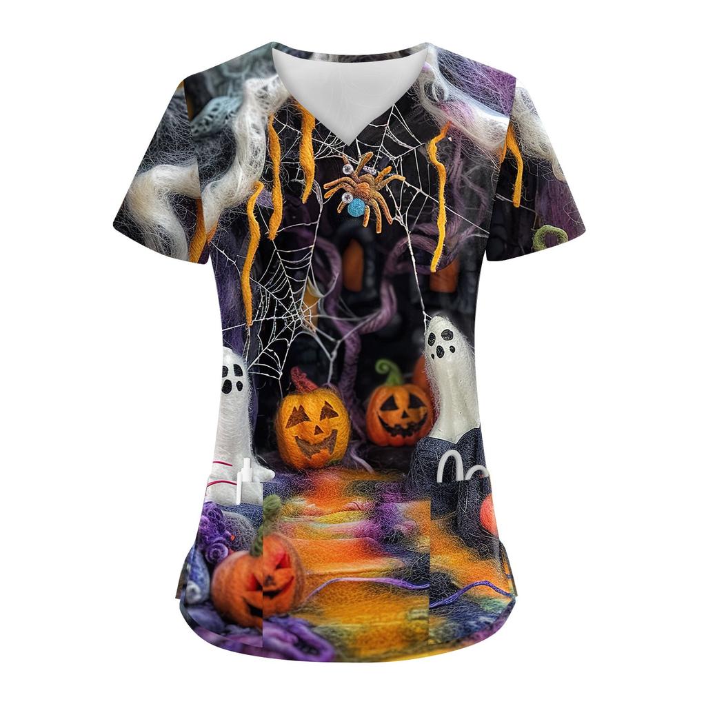 Women's Button V Neck Fashion Casual Halloween Print Tops Dry-nurse Top,Scrubs Tops For Women,2 Pockets