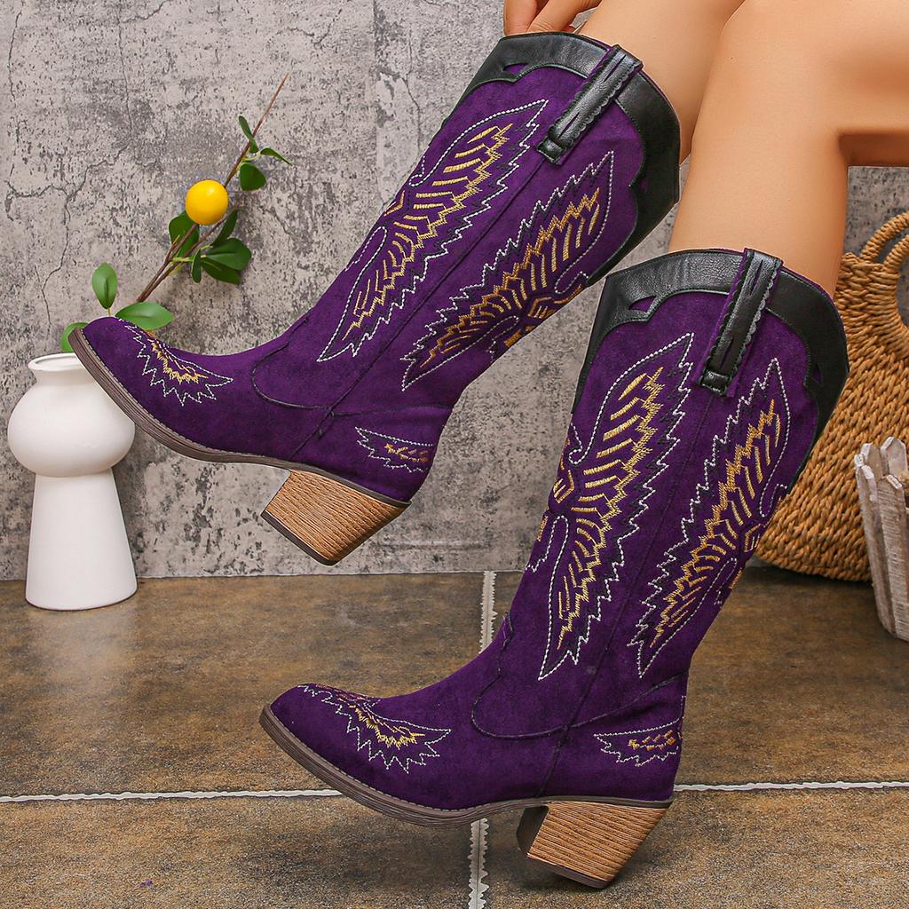 Fashion 2025 New Style Fashionable European and American Pointed-toe, Thick-heeled, High-top, Large-sized Western Cowboy Boots