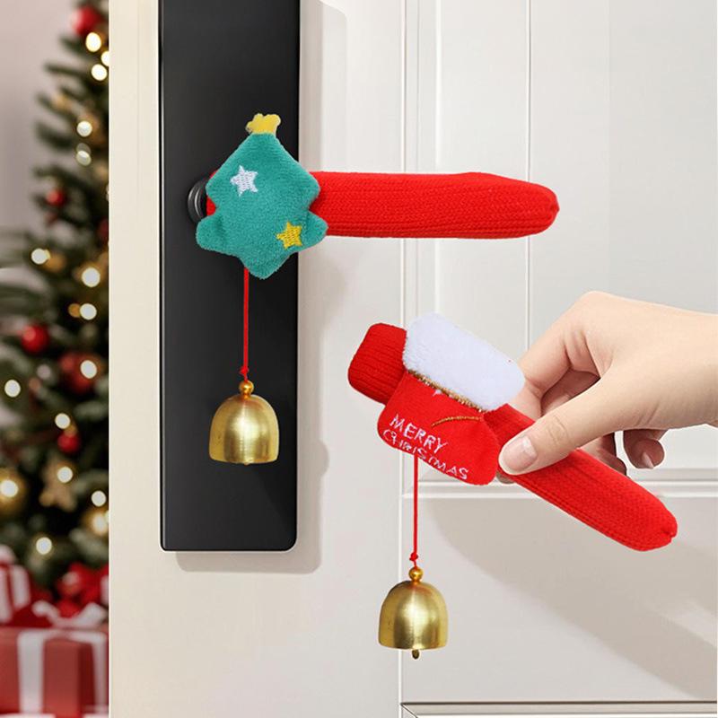 1PC Christmas Room Cloth Bell Door Handle Gloves Gift Cartoon Decoration Santa Claus Protective Cover Festival
