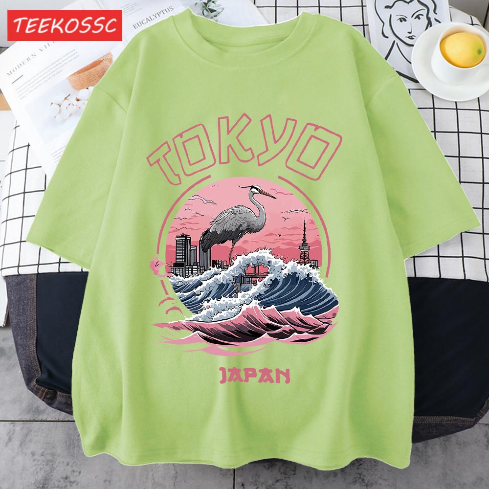 Tokyo Japan Harajuku Crane Waves Men TShirt AllMatch Casual Short Sleeve Cotton Summer Tee Male Hip Hop ONeck Streetwear