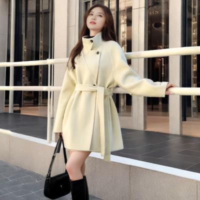 Warm Stand Collar Wool Coat with Sashes Tie-waist for Women