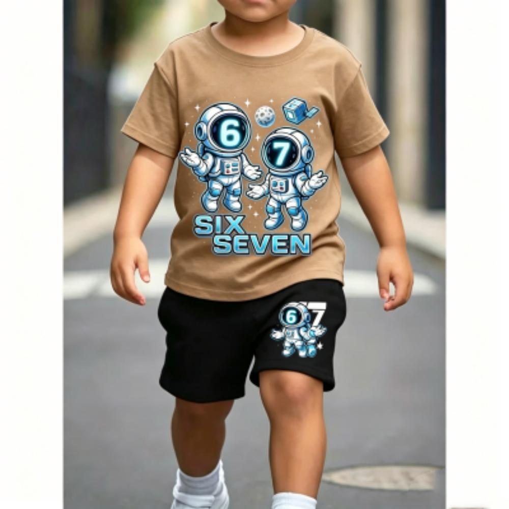 Number 67 Astronaut Fun Printed 11 Colors Kids T-shirt and Shorts 2 Piece Set Summer Home Outdoor Casual Outfit Boy and Girl's Sports Set