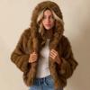 Brown imitation fur hooded jacket European and American fashion women's jacket soft plush side pockets ribbed lining