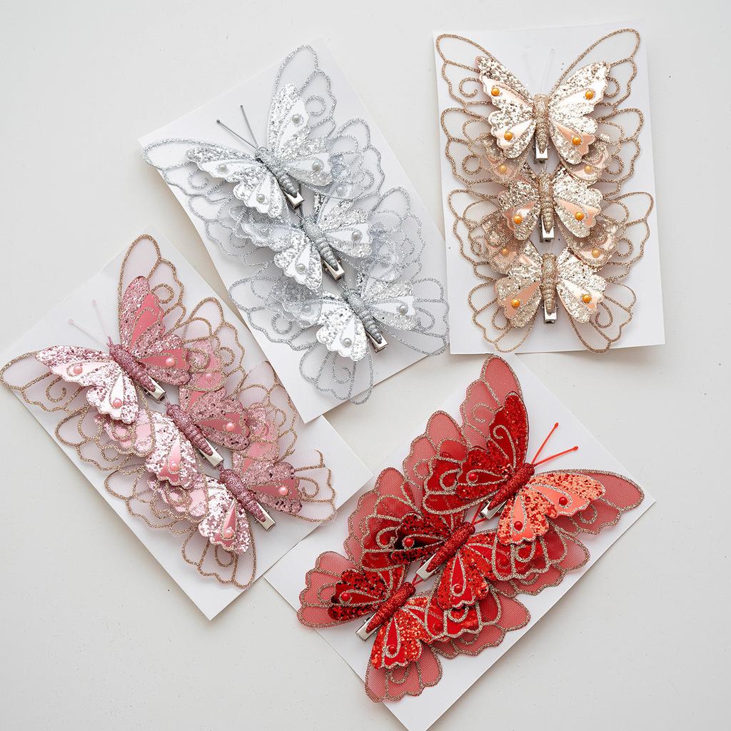 3PCS simulation double layer sequin feather butterfly pendant Christmas tree decoration pendant combination set  embellishment