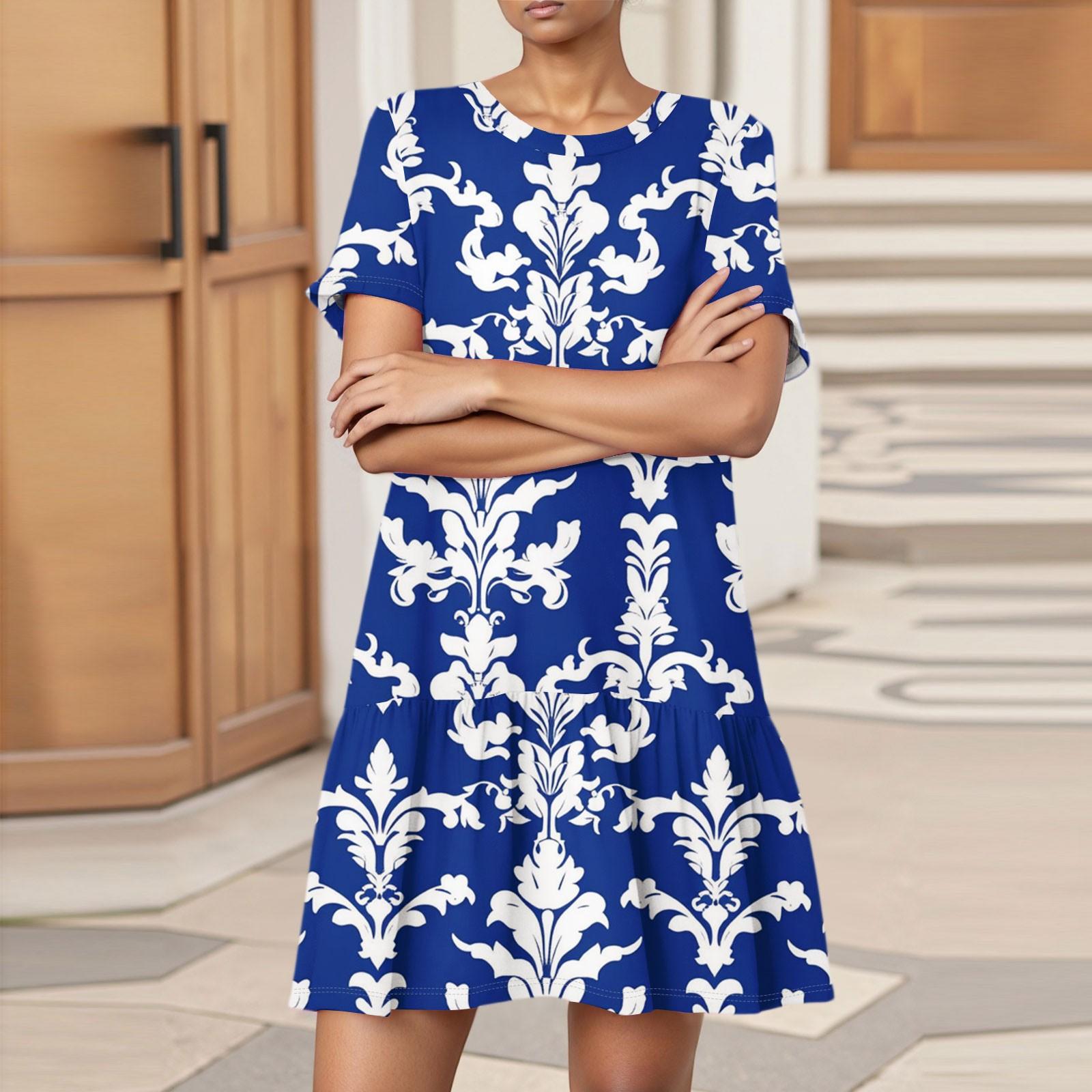 

Женское модное повседневное платье с круглым вырезом и коротким рукавом с цветочным принтом XXL синий