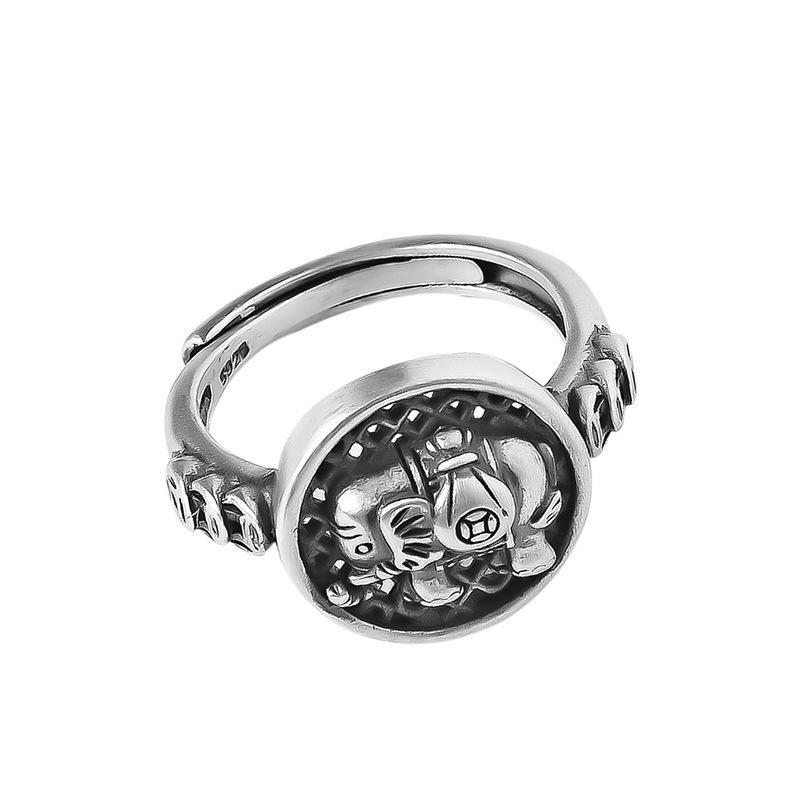 Artistic 925 Silver Open Ring With Vintage Elephant And Rose Pendant For Unique Gifts