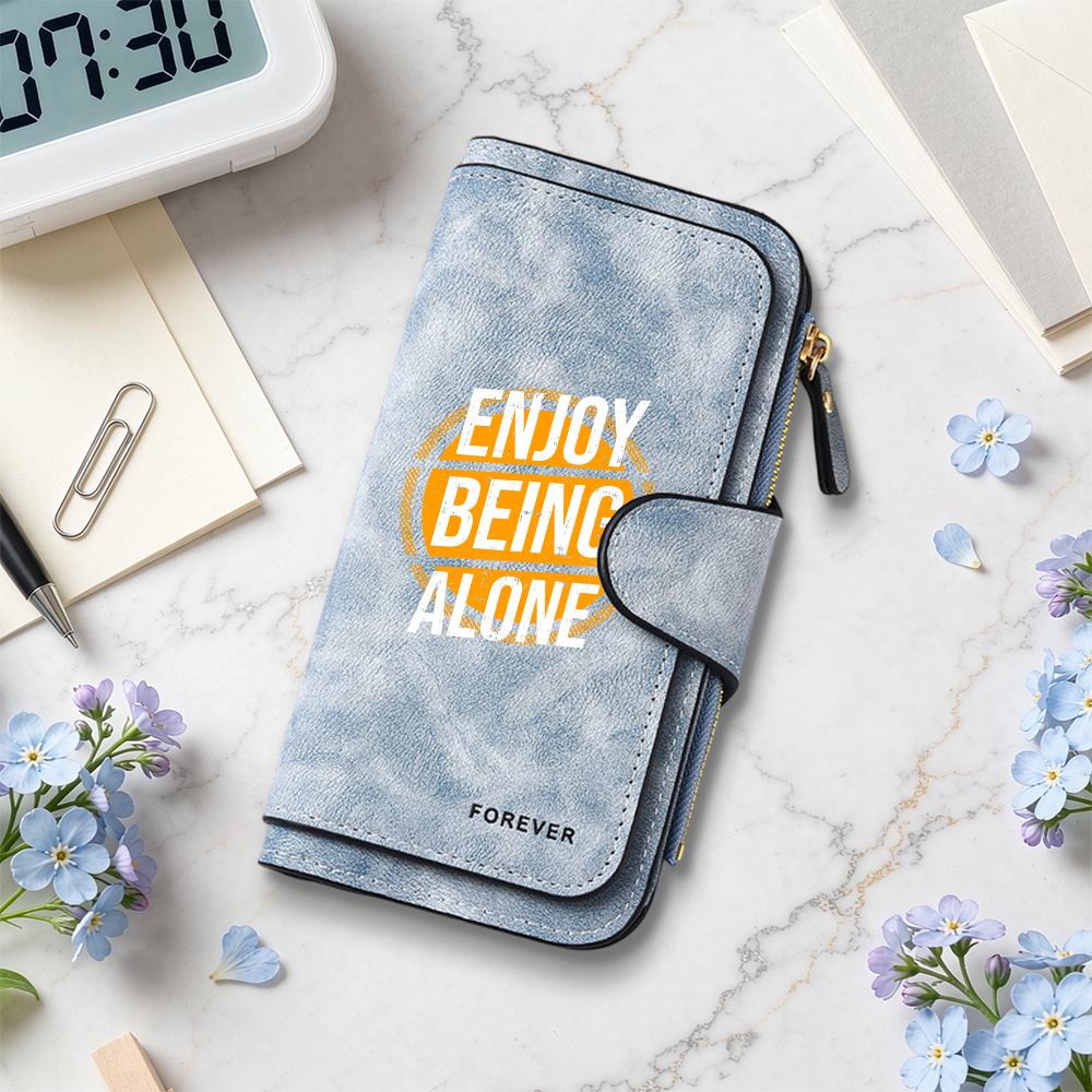 Fashion Long Wallet Enjoy Being Alone Print PU Leather Card Holder Portable Casual Zipper Purse for Daily Use