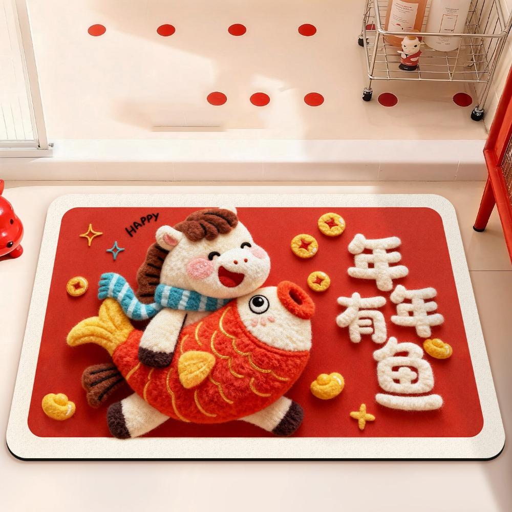 Red Year of The Horse Door Mat Non-slip Soft Pony New Year Floor Mat Water Absorption Blessing Words Carpet Entrance Mat