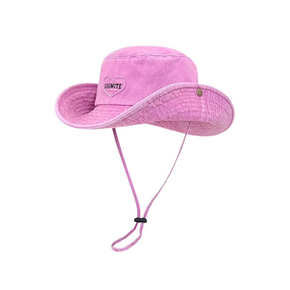 Foldable Summer Ladies Sun Hat With Drawstring Heart Embroidery Fisherman Hat Wide Brim Windproof Western Cowboy Hat