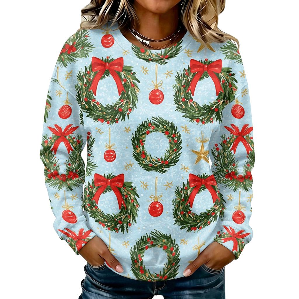Women's Casual Long Sleeve Christmas Print Neck Pullover Sweatshirt Top