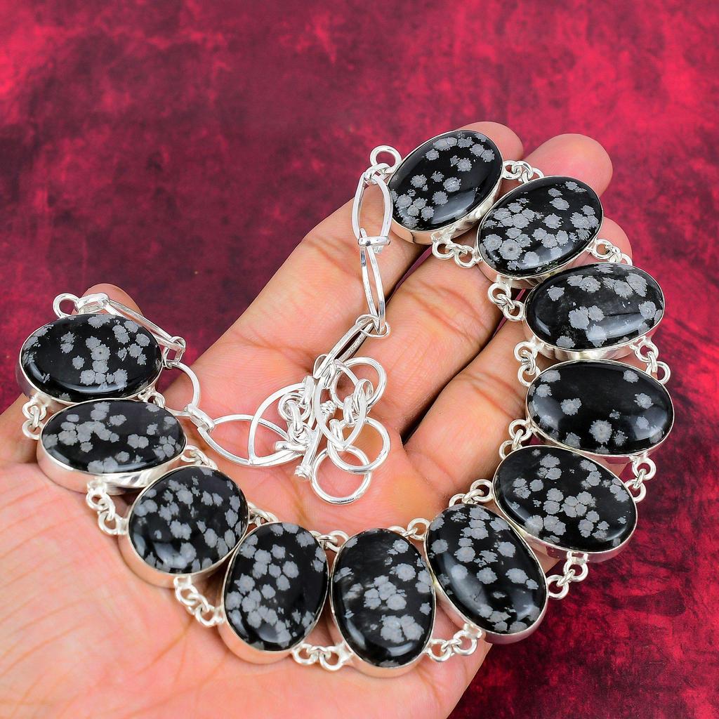 Snowflake Obsidian Necklace, 925 Solid Sterling Silver Gemstone Handmade Dainty Jewelry Necklace, Adjustable Chain Necklace Gift For Her