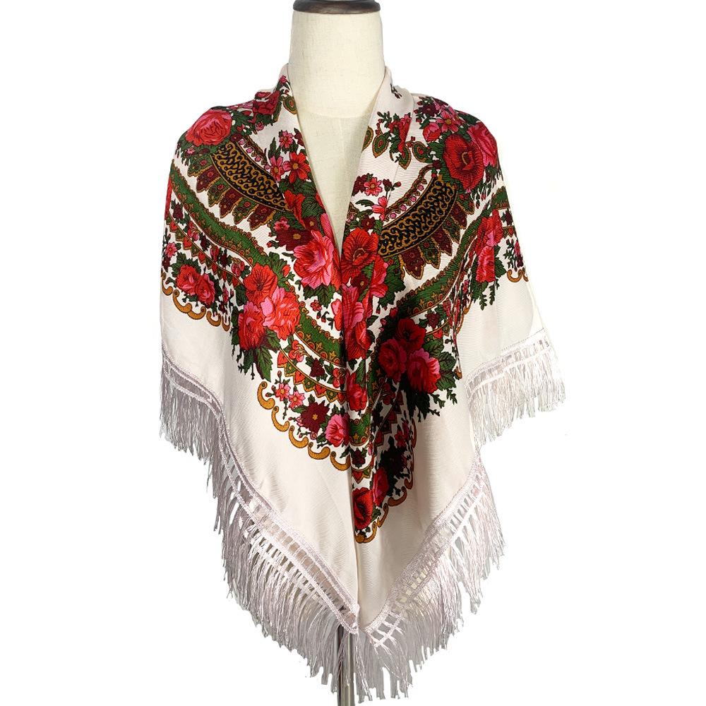 Russian Style Printed Tassel Square Scarf