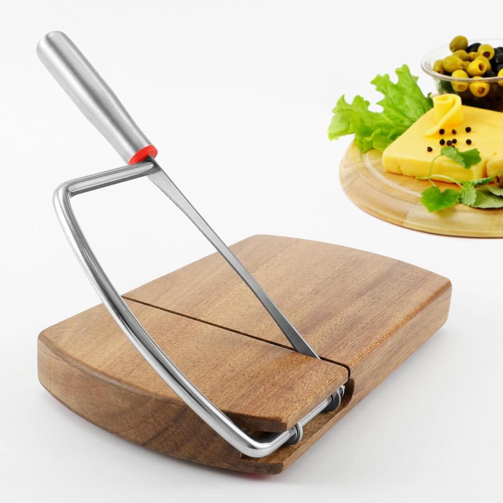 Multipurpose Cheese Slicer Cutter, Acacia Wood Cheese Slicers Board with Blade for Block Cheese, Effortless Slicing, Guillotine Sausage Ham Biltong