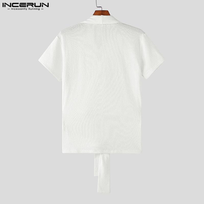 INCERUN Men V Neck Front Cross Lace-up Semi-Sheer Casual Texture Tops