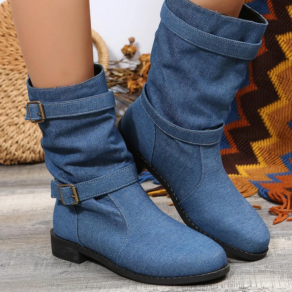 Large Buckle Denim Women's Boots Blue Buckle Fashion Boots Autumn Winter New Square Heel Round Toe Women's Boots Platform Shoes