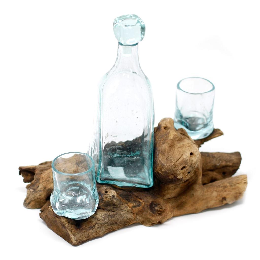 Whisky Set Molten Glass On Wood Base