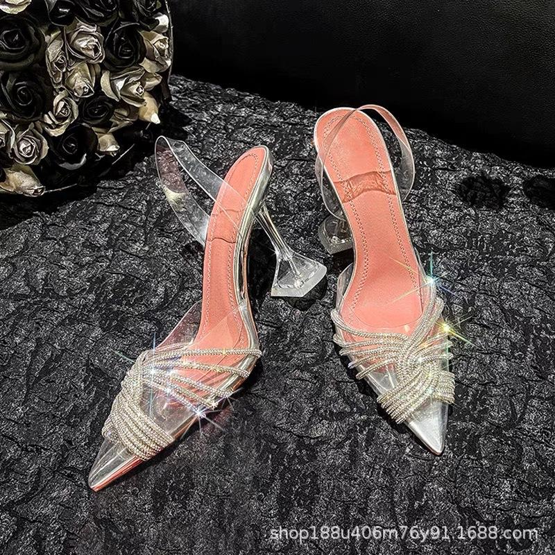 

[В наличии] остроносые прозрачные туфли на высоком каблуке женские 2025 новые остроносые тонкие каблуки красивые фея стразы туфли-сандалии на высоком каблуке 40
