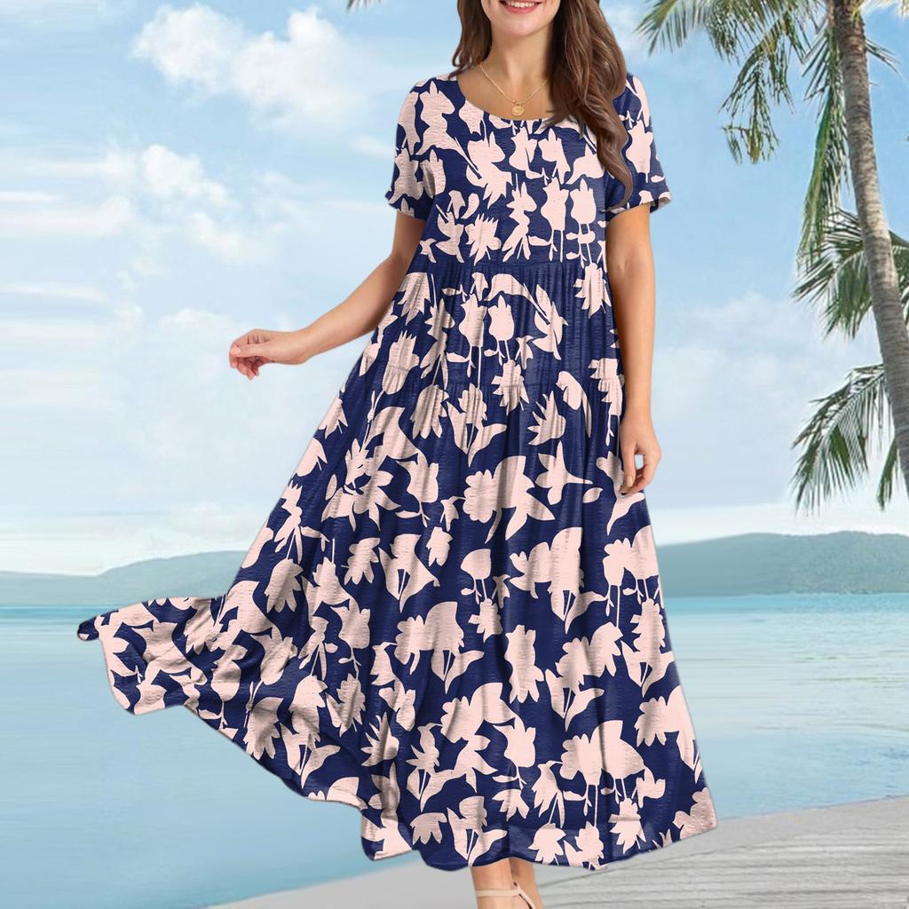 Women Casual Loose Bohemian Floral Dress Short Sleeve Long Maxi Summer Beach Swing Dress