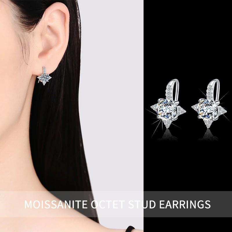 Eight-Pointed Star Moissanite Stud Earrings In S925 Sterling Silver - Women’s Mori Style Ear Jewelry