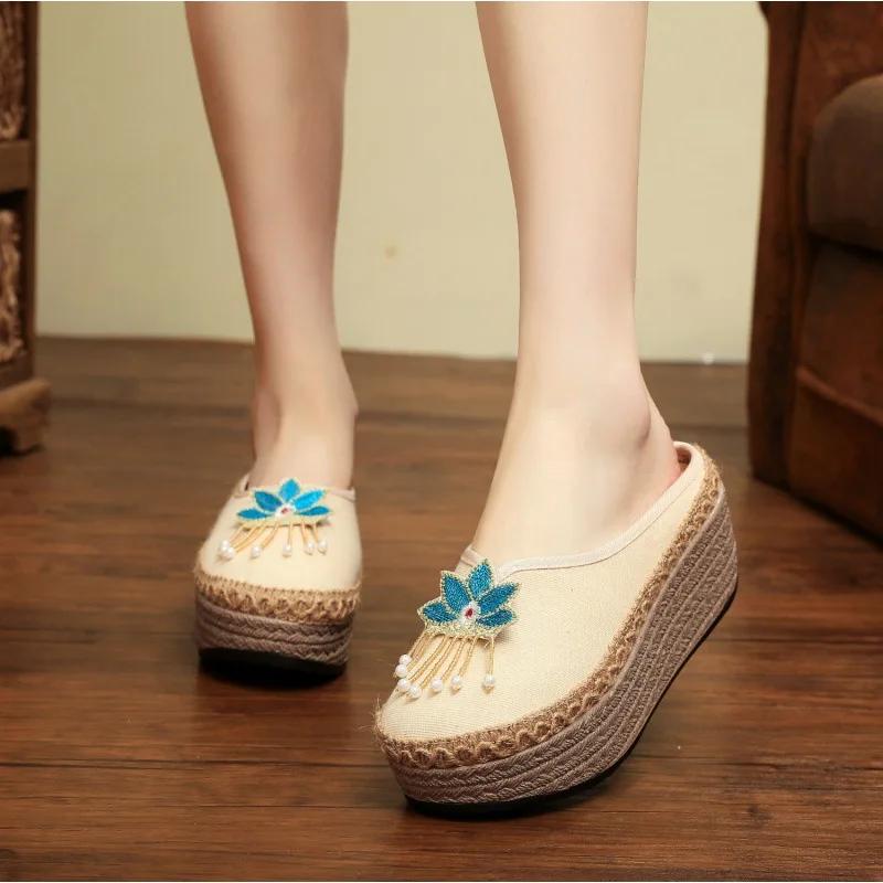 Fashion 2025 New Retro Handmade Women Canvas 5cm Platform Mules Slippers Butterfly Black Beige Leopard Comfortable Casual Slip On Shoes