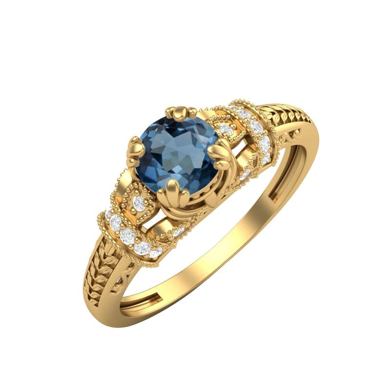

5MM Round London Blue Topaz Gemstone 925 Sterling Silver Gold Plated Solitaire Blossom Design Women Wedding Ring 11 жовтий