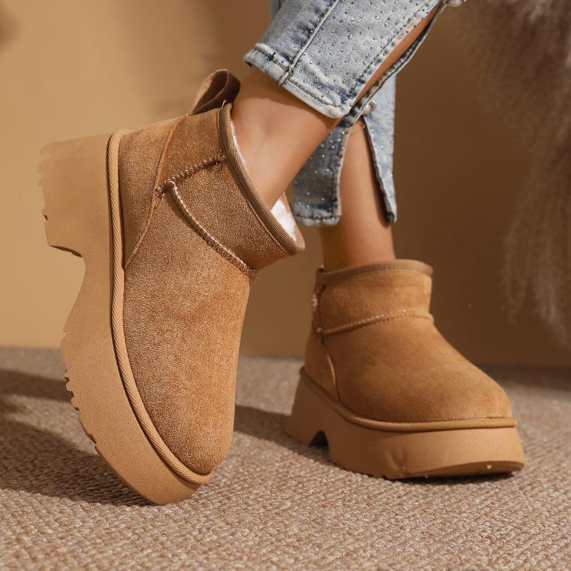 Fashion Platform Snow Boots Women's Fashion Winter New Round Toe Spliced Suede Plus Fur Thickened Platform Block Heel Boots