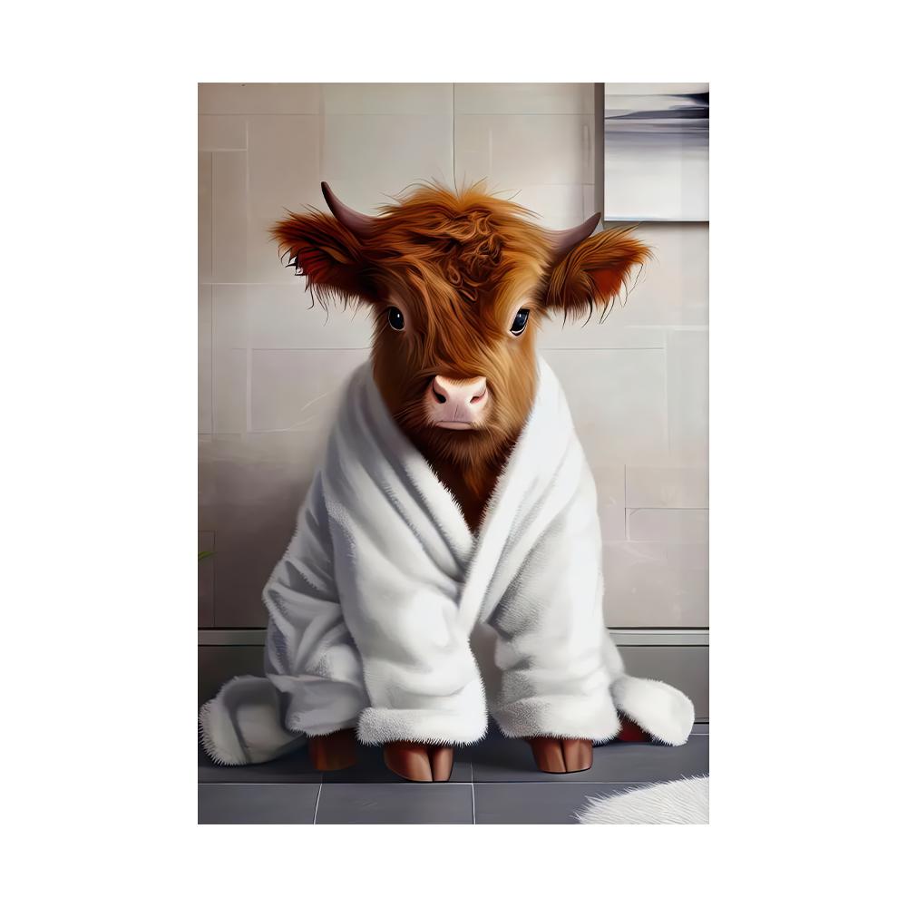 Bagno Mucca delle Highlands Scozzesi Pittura su Tela Decorazione Animali da Fattoria Stampe Umoristiche Stampa su Tela Fantasiosa Arte Decorazione WC Casa