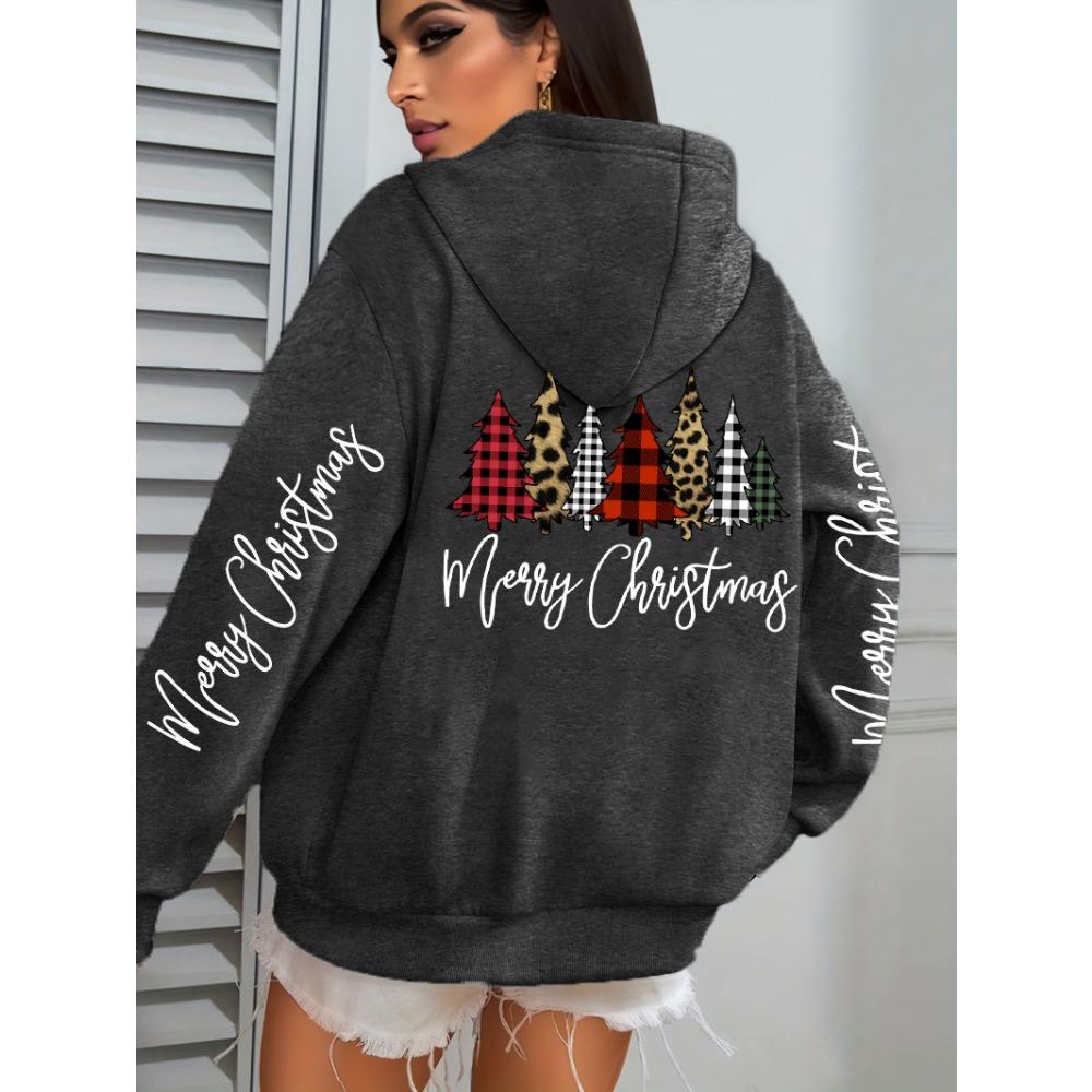 Merry Christmas Leopard Plaid Trees Prints Women Hoodies Loose Hoody All-Match Pocket Pullovers Autumn Hip Hop Streetwear