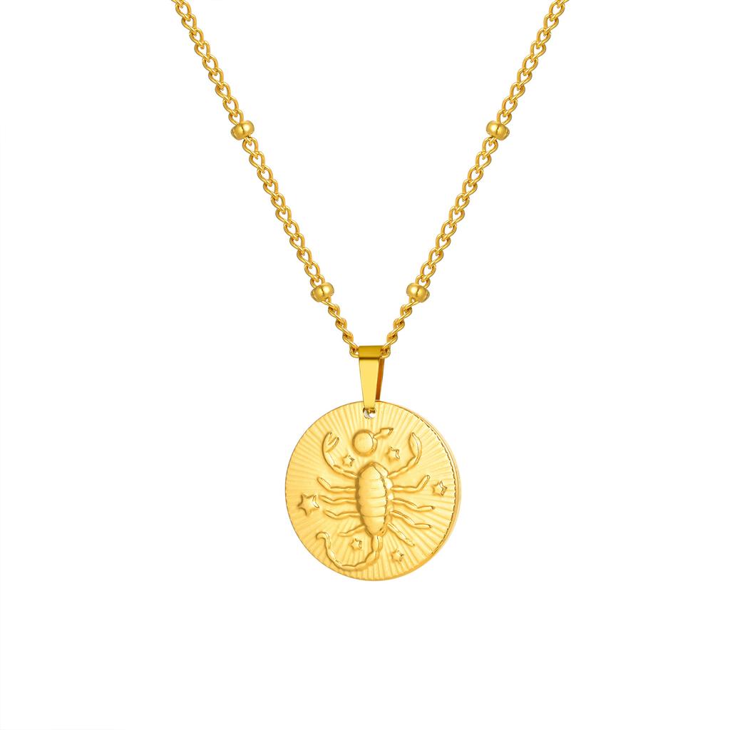 Stainless Steel Zodiac Constellation Necklace for Women, Amulet Round Coin Pendant Vintage Jewelry Birthday Gift