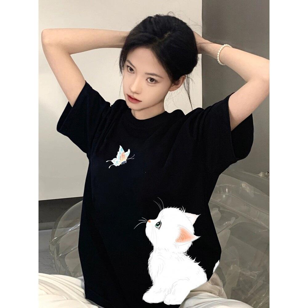 Pure cotton black short-sleeved women's t-shirt new popular summer unique design niche top loose t-shirt
