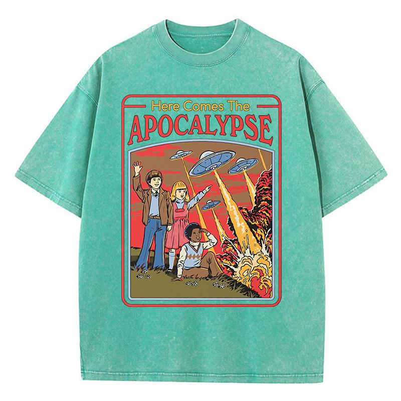 Here Comes The Apocalypse Ufo Washed Retro T-Shirt Men Fashion Cotton Clothes T-Shirts Oversized Street Casual Tops