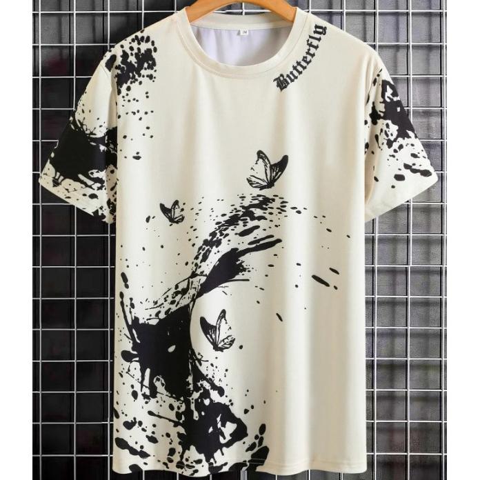 Fashionable Casual Men's Butterfly and Splash Ink Printed T-shirt Comfortable Breathable Quick Drying Short Sleeved T-shirt