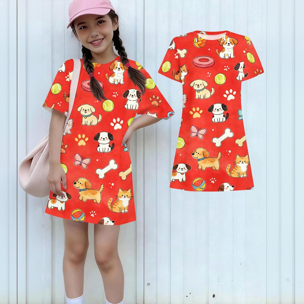 Girls Loose Fit Short Sleeve Dress Kids Round Neck Lightweight Summer Dress with Animal Print Pattern Casual Daily Wear