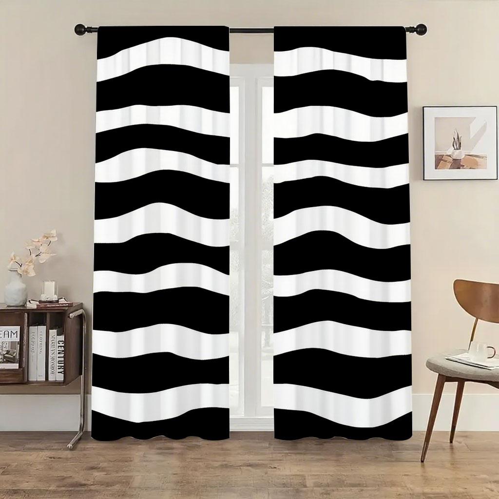 2pcs Black and white horizontal patterned curtains   minimalist style   living room   bedroom   pull rod pocket   window decoration