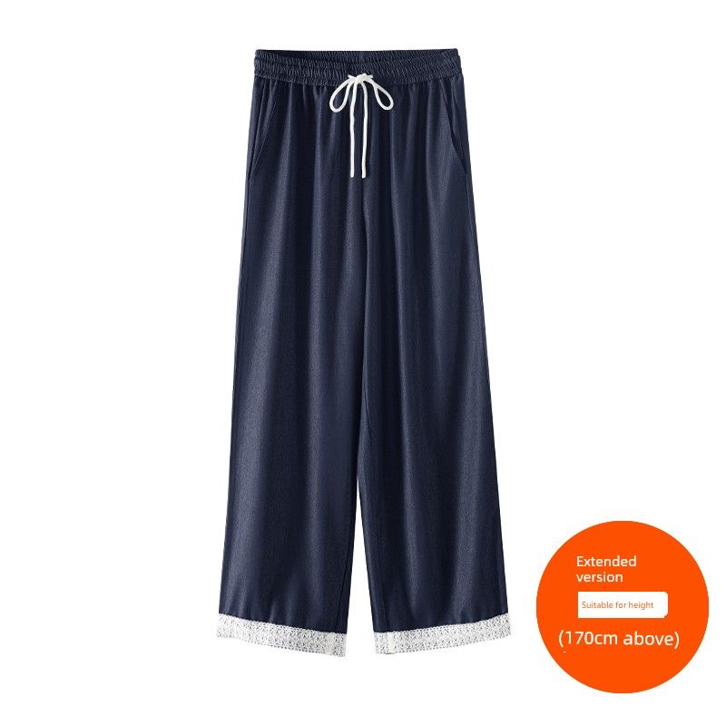 

Plus size women clothing [Exquisite Lace Wide-Leg Pants] Three Pants Length Early Autumn Contrast Color Lace Stitching Imitation Jeans Dark Blue (above 170cm) 5XL