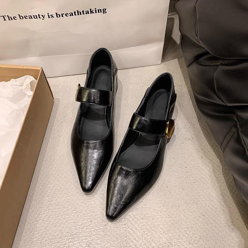 

Французские туфли на толстом каблуке, женские, весна-осень 2025, новая металлическая пряжка, острый носок, мелкий вырез, модель Мэри Джейн 35 чёрный