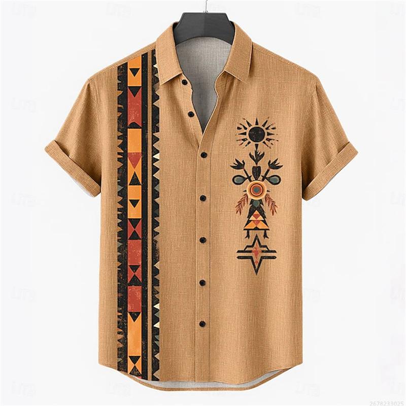 Men's Retro Style Casual Shirts Men's Tops with Tribal Prints, Short-sleeved Casual Beach Shirts, Hawaiian Style Shirts