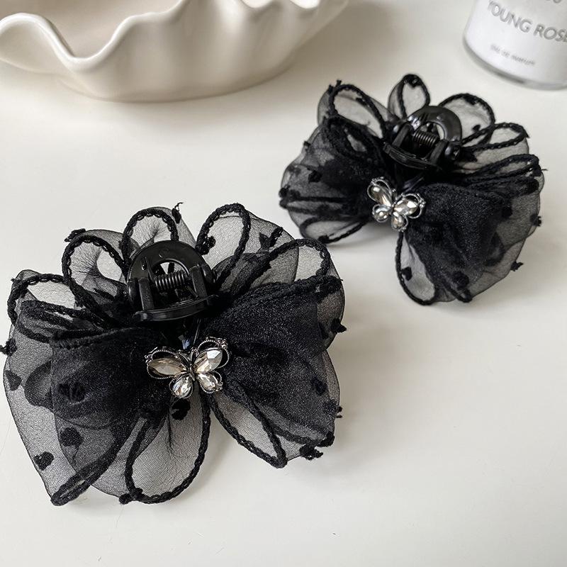 Black Mesh Polka Dot Rhinestone Bow Hair Clip for Women
