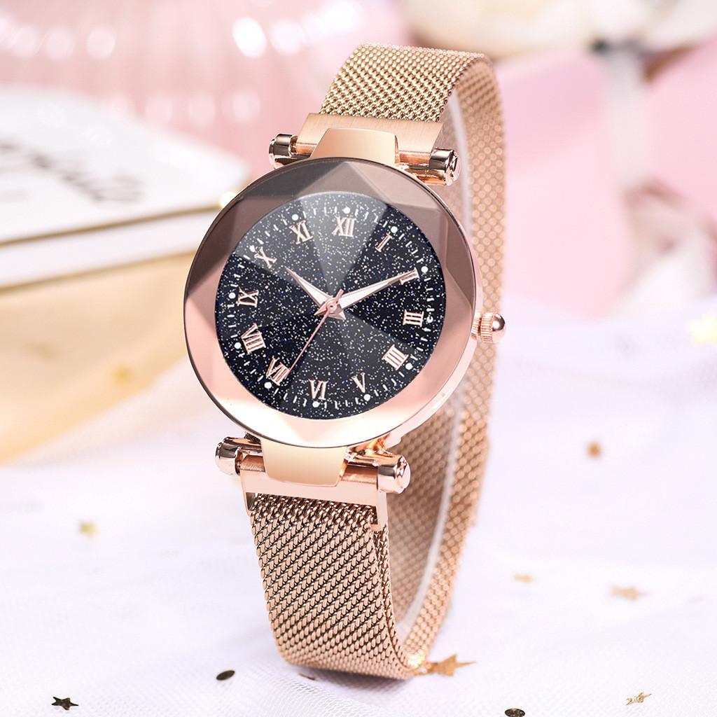 Women Sky Starry Luminous Watch Roman Numerals Quartz Watch Magnet Wristwatch