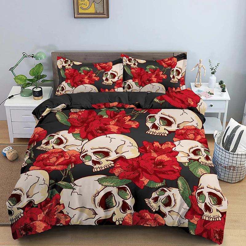 Sugar Skull King Queen Duvet Cover Vintage Skeleton Girl Gothic Day of The Dead Bedding Set Halloween Rose Polyester Quilt Cover