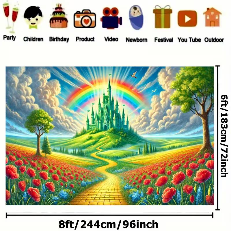 2D Wizard of Oz Green Castle Backdrop Floral Meadow Baby Shower Decor Background Cloth
