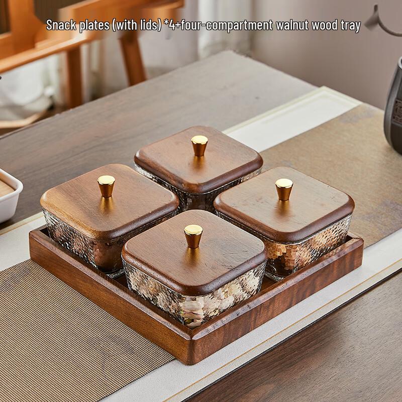 Walnut Wood Snack & Fruit Tray Set Transparent Textured Dishes & Solid Wood Tray