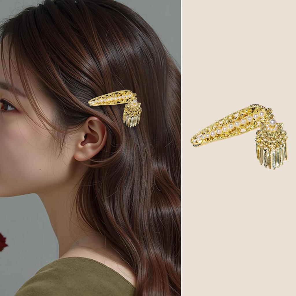 Retro Tassel Pearl Hairpin - Chinese Ethnic Updo Duckbill Clip for Women