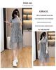 2026 Spring/Summer Plus Size Mesh Patchwork T-shirt Dress, Gray, Short Sleeve, Regular Shoulder Style for Women