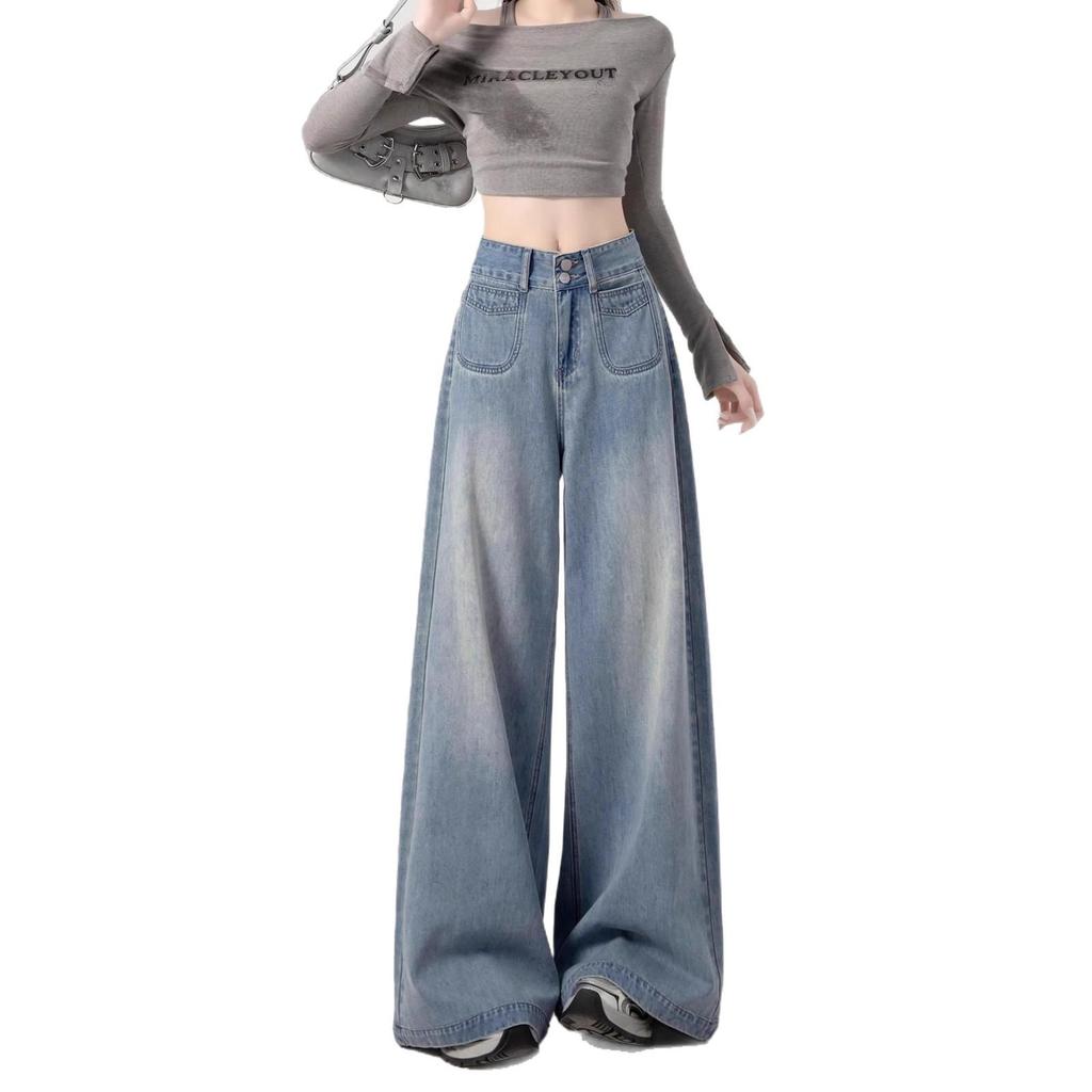 Damen High Waist Wide Leg Jeans, Sommer 2025 - Helle Farbe, Übergröße, Schlankmachend, Bodenlang, Birnenförmiges Design.