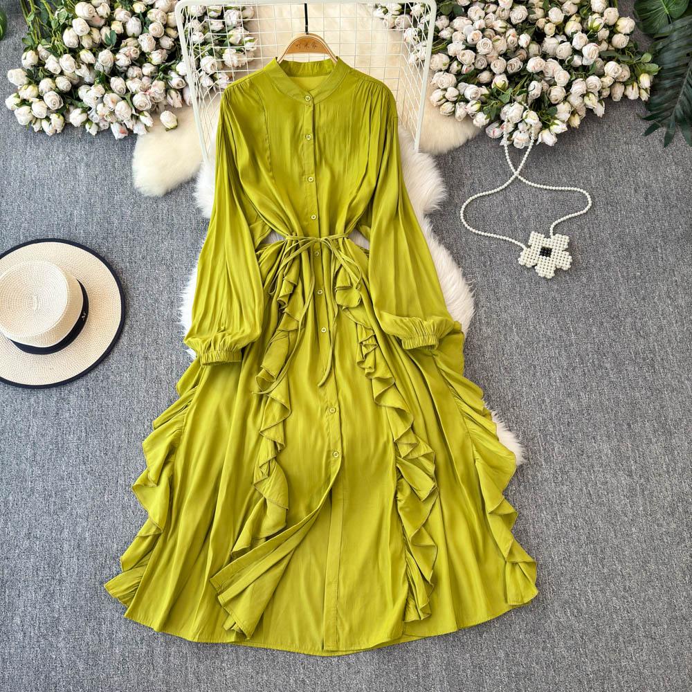 

Нежный стиль, темперамент, рукава-фонарики, воротник-стойка, присборенная талия, А-силуэт, оборки по краю, шифоновое платье, элегантные большие свободные длинные платья One Size зелёный