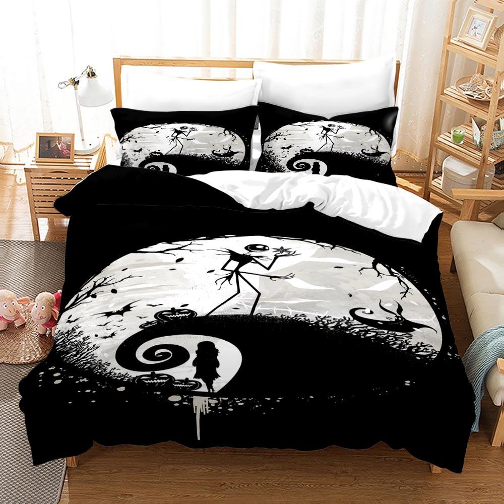 3pcs Queen Size Duvet Cover Sets, Nightmare Before Christmas Jack and Sally Rose Decor Bedding Set 2/3pcs Polyester Quilt Cover